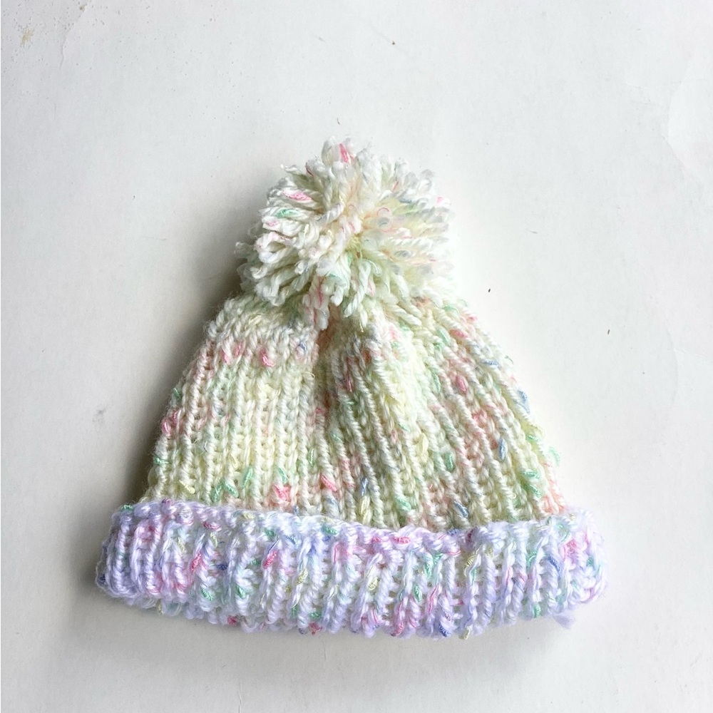 Baby Hat Hand Crafted Yellow White PomPom Kint